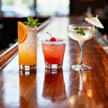 Three colorful, garnished mixed drinks sit prominently displayed upon a polished wooden bar counter photo