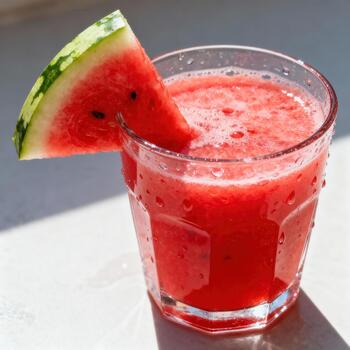 Refreshing chilled watermelon beverage presented in a clear glass with a fruit garnish. photo
