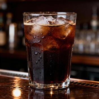Tall glass of dark carbonated beverage filled with ice cubes rests upon a reflective bar surface photo