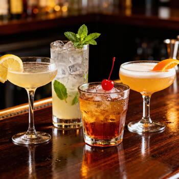 surtido de cuatro vistoso mezclado alcohólico bebidas desplegado prominentemente en un lustroso de madera bar superficie foto