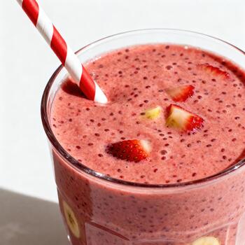 Refreshing pink fruit beverage with visible seeds and garnishes rests in a clear glass. photo