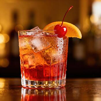 Refreshing amber cocktail served over ice cubes with citrus and berry garnish photo