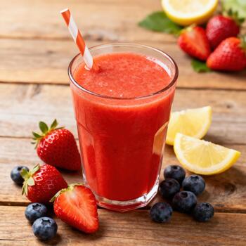 refrescante vaso de mezclado rojo Fruta bebida servido con Fresco bayas y agrios rebanadas en resistido de madera superficie foto