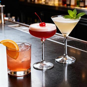 Three sophisticated mixed drinks rest upon a dark bar surface in a dimly lit establishment photo
