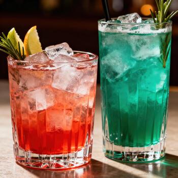 Two vibrantly colored iced cocktails sit side by side on a bar surface photo