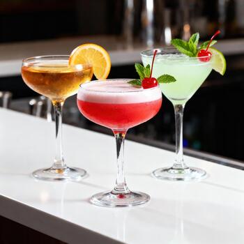Three colorful classic cocktails garnished with fruit and mint leaves displayed on a bright bar counter photo