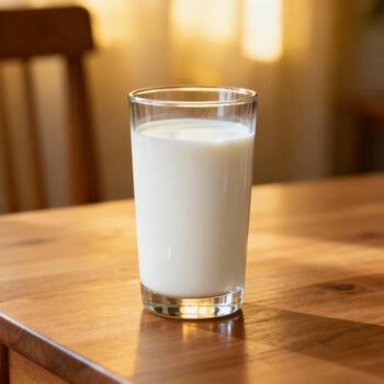 Glass of white beverage sits centered on a reflective wooden surface indoors photo
