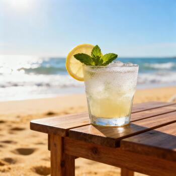 Refreshing cold beverage with citrus and mint rests upon a wooden surface near ocean waves photo