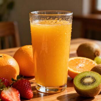refrescante vaso de naranja jugo es rodeado por Fresco todo y rebanado agrios y bayas en un de madera superficie foto