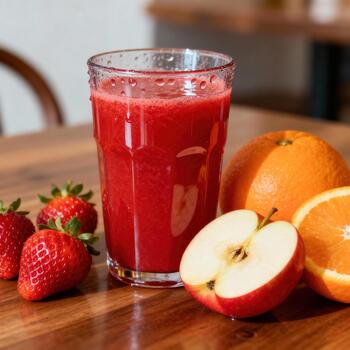 Vibrant red blended beverage rests beside fresh strawberries, a sliced , and whole oranges on a wooden surface. photo