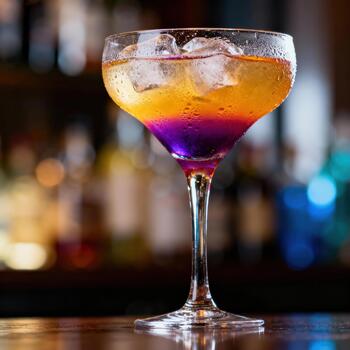 Tall stemmed glass holds a layered, vibrant mixed beverage with ice cubes on a bar top photo