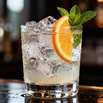 Iced cocktail garnished with fresh citrus slice and mint leaves sits on a wet counter surface photo