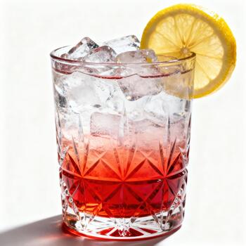 Single glass of iced crimson beverage garnished with citrus slice against bright background photo