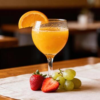 Chilled fruit beverage garnished with citrus slice rests near fresh strawberries and grapes on a table photo