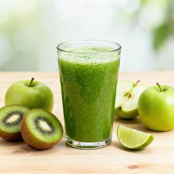 refrescante verde zalamero rodeado por Fresco ingredientes en un de madera superficie foto