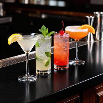 Four colorful mixed drinks garnished and displayed upon a dark, reflective bar surface photo