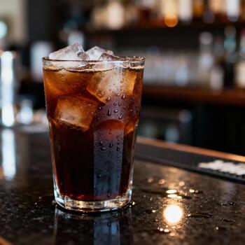 refrescante frío oscuro bebida lleno con hielo cubitos se sienta condensación cubierto en un bar superficie foto