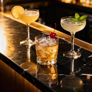 Assortment of sophisticated alcoholic beverages resting on a polished dark stone bar counter photo