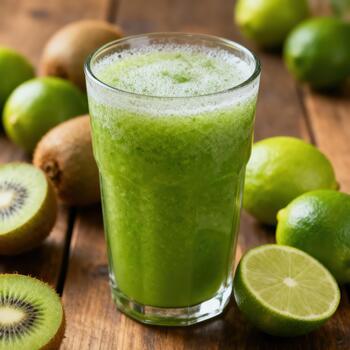 Refreshing green beverage made from blended kiwi and lime fruits sits on a rustic wooden surface photo