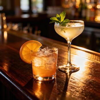 Two expertly crafted cocktails rest illuminated on a polished wooden bar top. photo