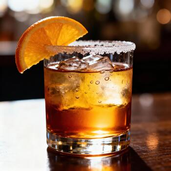 ámbar de colores bebida con hielo y agrios adornar descansa en un oscuro de madera superficie foto