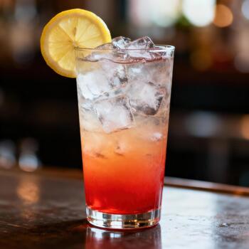 Tall glass containing a layered, refreshing beverage garnished with citrus on a reflective counter photo