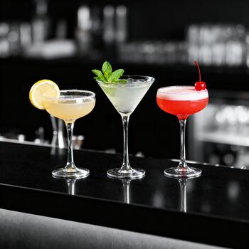 Three distinct chilled alcoholic beverages garnished and presented on a polished dark bar surface photo