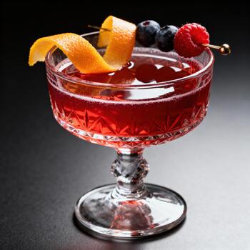 Ruby colored mixed drink garnished with citrus peel and fresh berries rests in an ornate glass. photo