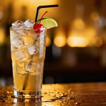 Refreshing tall glass filled with iced cocktail rests on a wet wooden surface in dim light photo