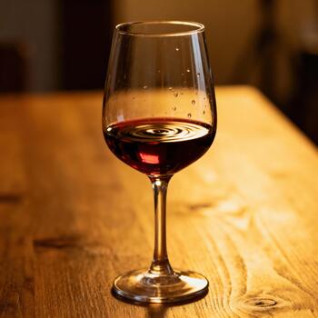 vaso lleno con oscuro rojo bebida se sienta centrado en un calurosamente iluminado de madera superficie. foto