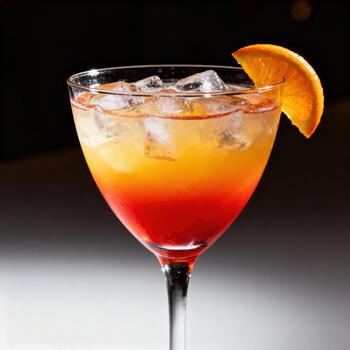 Layered fruity alcoholic beverage in a stemmed glass with ice and citrus garnish photo