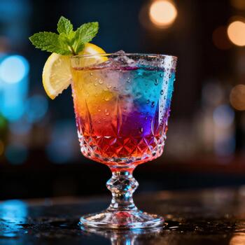 Vibrant layered mixed drink garnished with citrus and herb rests on a wet bar surface photo
