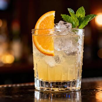 refrescante agrios cóctel adornado con Fresco menta y naranja rebanada se sienta en mojado bar superficie foto