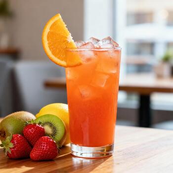 refrescante con hielo bebida adornado con agrios rebanada se sienta junto a varios Fresco frutas en un de madera superficie foto