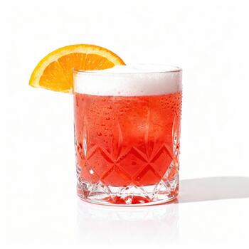 Refreshing crimson beverage with white foam topping sits in a cut glass against a clean white background photo