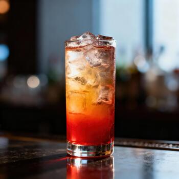 Tall glass filled with layered iced beverage sits upon a reflective surface in a dimly lit setting photo