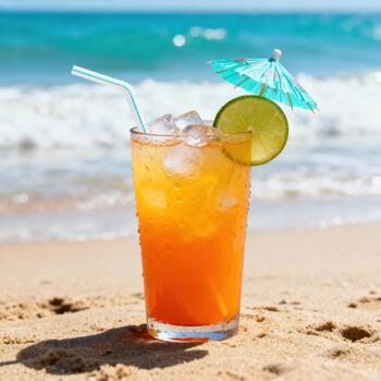 Refreshing layered tropical beverage rests on sunlit sandy shore with ocean waves in background photo