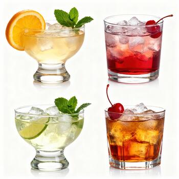 surtido de cuatro enfriado mezclado alcohólico bebidas presentado en claro cristalería en contra un blanco fondo foto