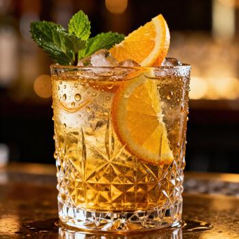 Crystal cut glassware holds amber refreshment garnished with citrus and fresh mint photo