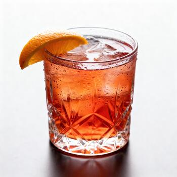 enfriado ámbar bebida con hielo cubitos se sienta en un grabado vaso adornado con un agrios rebanada foto