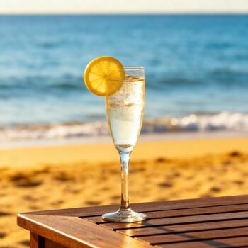 Refreshing sparkling beverage garnished with citrus rests upon a wooden surface near the ocean shore photo