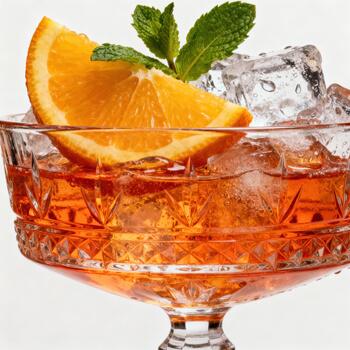 Refreshing citrus garnished beverage rests inside an ornate stemmed glass filled with ice cubes photo