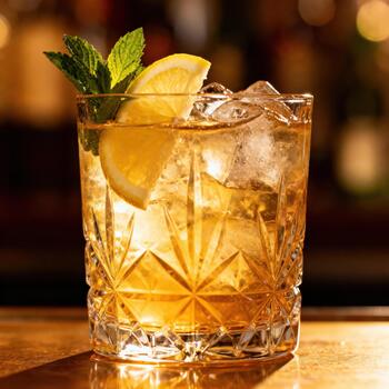 Illuminated cocktail in a cut crystal glass garnished with lemon and mint rests on a bar surface photo