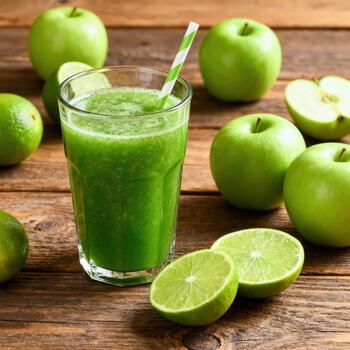 Refreshing green smoothie prepared with fresh apples and limes sits on a rustic wooden surface photo
