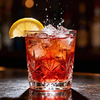 Richly colored beverage with ice and citrus garnish sits on a reflective bar top photo