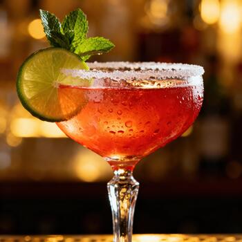 Refreshing ruby colored beverage garnished with lime and mint sits on a bar photo