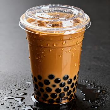 refrescante con hielo bebida con oscuro esférico coberturas soportes en un mojado oscuro superficie foto