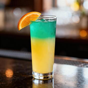 vibrante en capas tropical bebida descansa sobre un lustroso bar superficie con agrios adornar foto