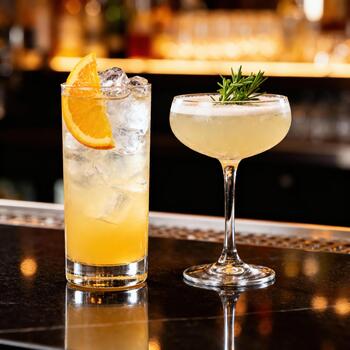 dos sofisticado mezclado bebidas descansando en un lustroso bar superficie crear un atractivo atmósfera. foto