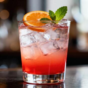 Refreshing iced beverage with citrus slice and mint garnish sits upon a dark surface photo
